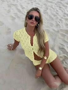 Women's Summer Vacation Set, Crochet Mesh Sexy Hollow Out Beach Short Sleeve Knit Cover Up + Shorts 2 Piece Set - Women's Vacation 2 Piece Set, Crochet Cover Up Nightclub Outfit, Women's Sexy Fitted Style - 淺黃色 - 查看 6