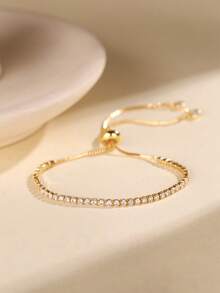 Cubic Zirconia Inlaid Gold-Plated Tennis Bracelet With Adjustable Drawstring, Practical Daily Wear Accessory For Women - Gold - View 7