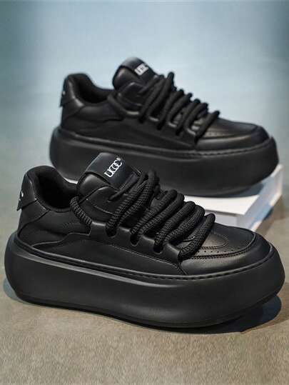 Men's Casual Sneakers 2026 New Thick Sole Elevator Anti-Slip Durable Low-Top Round Toe Lace-Up Outdoor Sports Comfortable Leather Shoes, Fashion Versatile Solid Color Letter Print Casual Vulcanized Shoes, Young Campus Style Outdoor Daily Commute Men's White Shoes