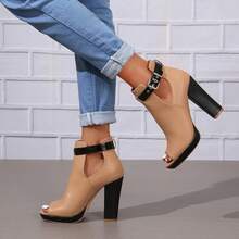 ZDLJYL Women's Open Peep Toe Booties Cutout Side Strap Mid Black Chunky Heel Fashion Ankle Bootie Summer Travel Heeled Sandals For Women - 棕色 - 查看 4