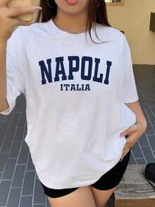 Women Napoli Graphic T-Shirt Casual Crew Neck Short Sleeve Top With Bold NAPOLI ITALIA Print White Lightweight Breathable For Spring Summer Fall Comfortable Fit - White - View 2