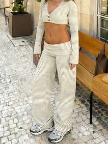Striped Long Pants For Women Fold Over Low Rise Straight Leg Sweatpants Y2k Stretchy Loose Wide Leg Pants Lounge Leggings - Rice White - View 5