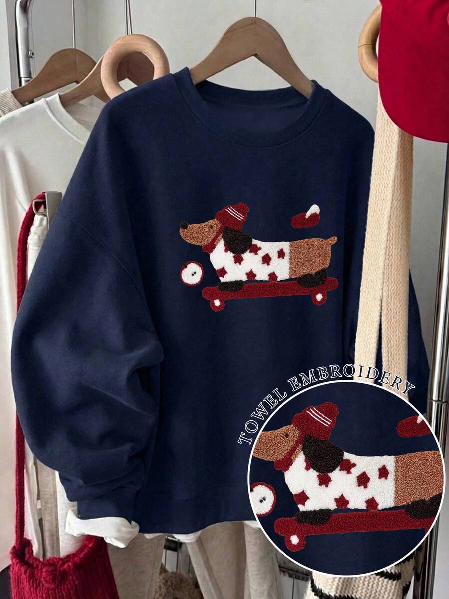 1件装休闲可爱腊肠犬刺绣图案毛巾，女士秋季服装，女士冬季服装，2025新款秋季时尚女装，女士休闲落肩圆领长袖卫衣 - 藏蓝色 - 查看 1