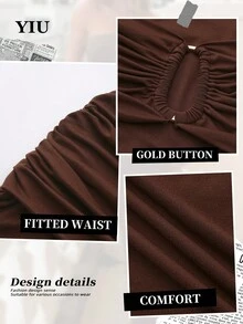 YIU Women's Sleeveless Bodycon Maxi Dress, Off-Shoulder Neckline, Ruched Gold Button Detail, Knit Fabric, Elegant & Sexy - Brown - View 5