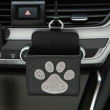 1pc Rhinestone Decor PU Leather Car Air Vent Storage Box, Compact Size Fits Easily On Car Air Vent, Convenient Clip-On Design
