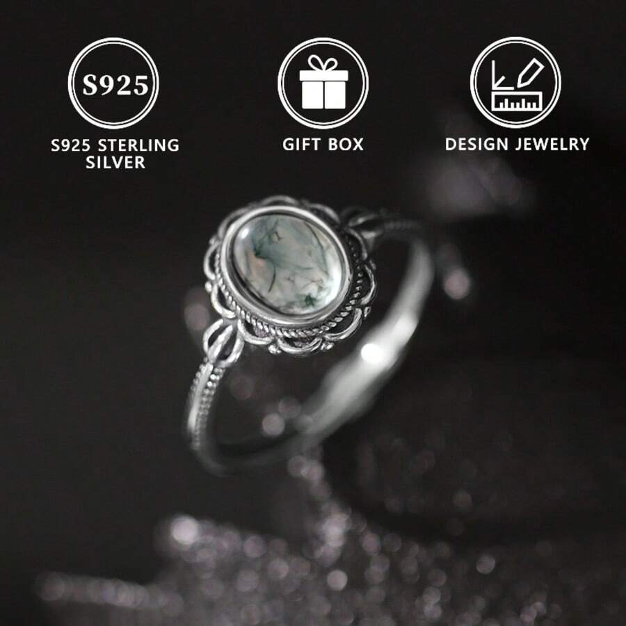 1 Peça Anel de Prata 925 com Flor Incrustada de Ágata Natural para Mulheres - Prata antiga - Visão 1
