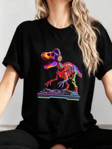 EDM DJ T Rex Dinosaur Spinning Records Techno Rave Music T Shirt - 黑色4 - 查看 2
