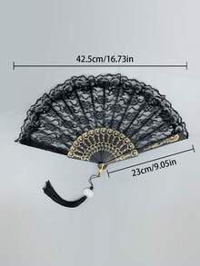 1pc Gothic Lace Parasol, Romantic Princess Umbrella For Bridal, Wedding, Holiday Party, Dance Props - Elegant Black Lace Parasol And Fan Set With Floral Pattern, Suitable For Wedding And Halloween Costume Accessories, Photography, Wedding Supplies - Black - View 5