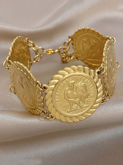1件装奢华复古硬币徽章手链，女士款，18K镀金不锈钢材质，适合情人节、派对、晚宴、日常佩戴、约会、新年、婚礼、海滩、圣诞节、周年纪念日等场合，优雅妈妈礼物，波西米亚风饰品，生日伴娘礼物