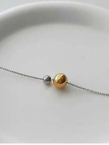 1pc Stainless Steel Waterproof Non-Fading Dual-Tone Ball Necklace, Suitable For Women's Daily Wear - Gold - View 4