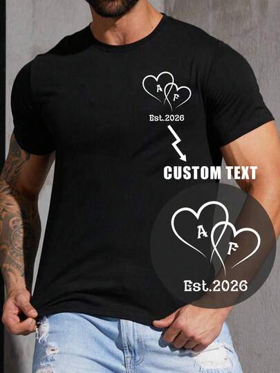 Customized Men's Casual Loose Fit Round Neck T-Shirt - Add Your Initial, Heart Design, Casual Gift, Personalized For Friends/Couples, Best Friend Gift, Valentine's Day Gift, Comfortable Relaxed Fit, A Fun Gift For Him/Her