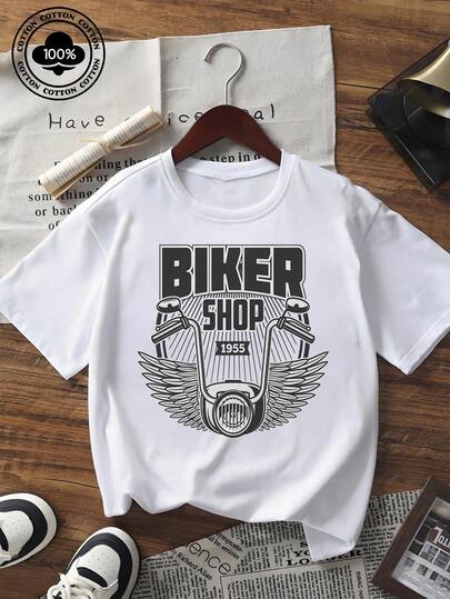 Men's Summer Short Sleeve T - Shirt Retro Biker Shop 1955 Motorcycle Wing Graphic Print Crew Neck Loose Fit Cotton Blend Casual Tee For Daily Streetwear Fashion