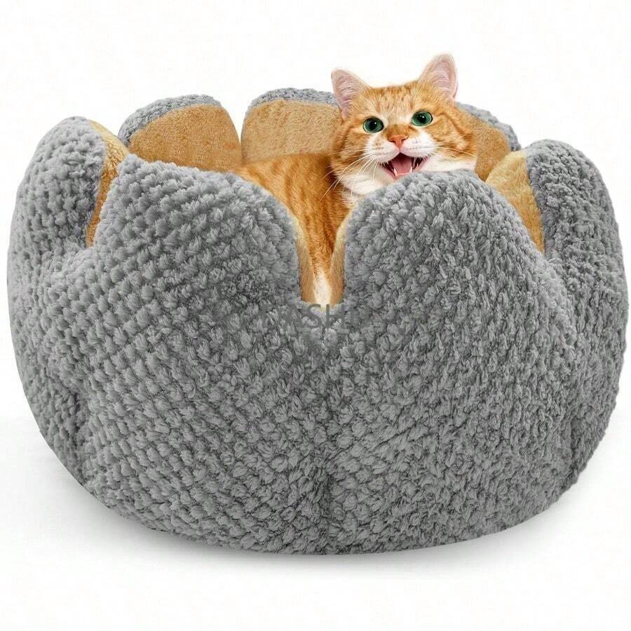 Cama de Gato pétalo Cama de Perro Perrera cálida casa de Gatitos en Invierno Cesta Redonda de Peluche Suave Almohadilla de Cachorro Cena de Mascotas (Gris, 40cm) - Gris - Ver 1