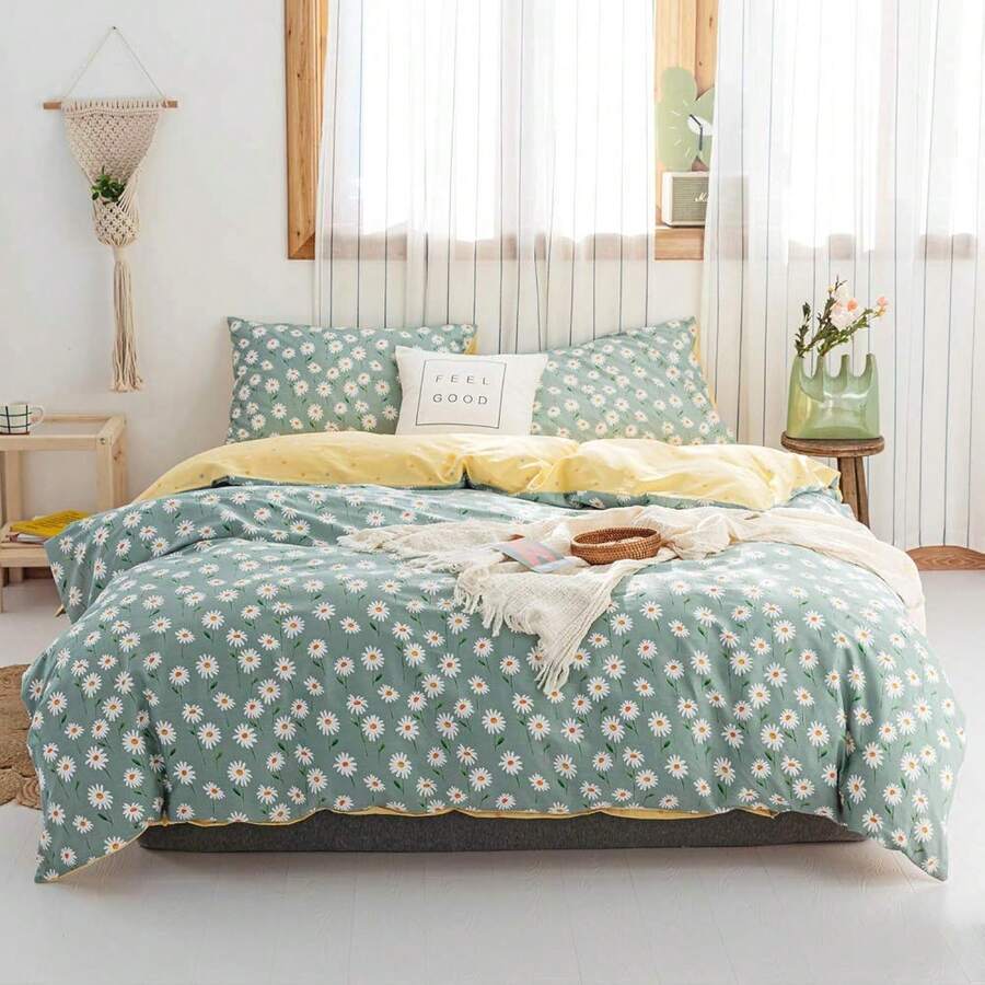 (AMYTCJ07-1T), Daisy Green Floral Duvet Cover Twin Cotton Girl Bedding Sets White Daisy Flower Print Comforter With 2 Pillowcases Garden Style Aesthetic Bedroom Collection Size Variant 3 - B#雛菊花卉 - 查看 1