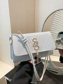 女士简约方形手提包，新款夏季时尚纯色单肩包，休闲托特包，复古斜挎包 - 銀色 - 查看 5