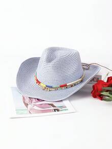 1pc Solid Color Bohemian Straw Hat, Casual, With Metal Decor Hat Band, All-Season Versatile Commuting - B - View 19