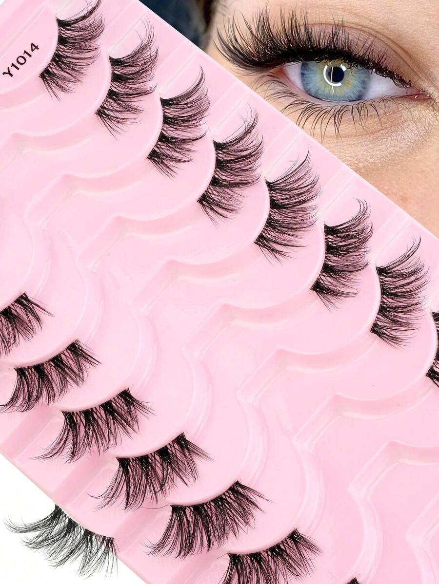 10 Pairs Natural Criss-Cross Half-Eye False Eyelashes, 3D Lengthening Transparent Stem Faux Mink Makeup Curly Lashes, Suitable For Girls Daily Dating To Enlarge Eyes - 黑色 - 查看 1