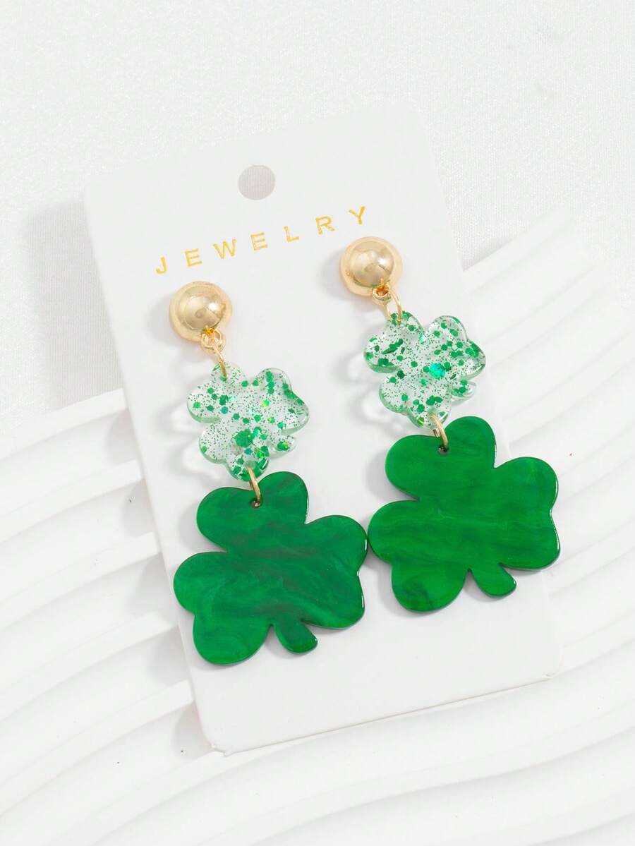 1 Đôi bông tai hình cỏ bốn lá lấp lánh bằng acrylic thanh lịch, trang trí nơ, móc bông tai bằng thép không gỉ, phụ kiện dự tiệc ngày lễ Thánh Patrick. - Xanh 3 - Xem 1