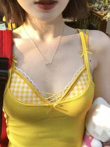 2-In-1 Lace Cami Top For Women, Bright Summer With Padded Bust, Layering Sleeveless Top - Yellow - View 2