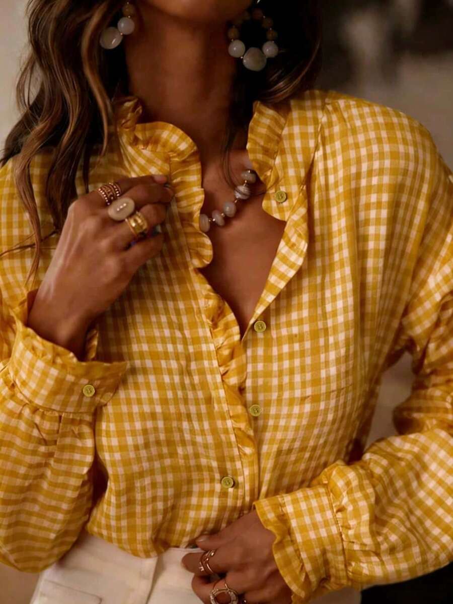 Women's Casual Plaid Long Sleeve Shirt, Spring/Autumn - Yellow - View 1