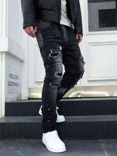 男士修身破洞弹力牛仔裤，街头风拼接破洞牛仔裤，复古水洗Y2K牛仔裤，时尚