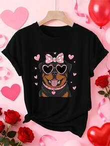 Women Short Sleeve T-Shirt With Rottweiler Dog Print Heart Fashion Glasses Soft Round Neck Casual Blouse For Spring Summer Fall Pet Lover Outfits S-XXL Machine Washable Comfortable Top For Casual Attire Layering - 黑色2 - 查看 1