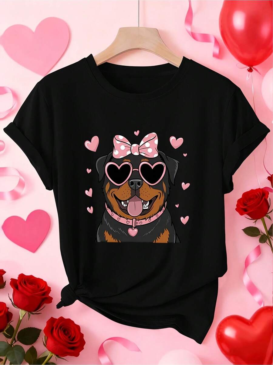 Women Short Sleeve T-Shirt With Rottweiler Dog Print Heart Fashion Glasses Soft Round Neck Casual Blouse For Spring Summer Fall Pet Lover Outfits S-XXL Machine Washable Comfortable Top For Casual Attire Layering - 黑色2 - 查看 1