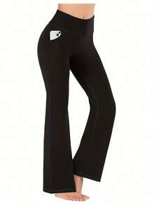 EBIOSVE Women's Flared Yoga Pants In Black | High-Waisted Tummy Control With Side Pockets | Lightweight & Stretchy For Spring & Fall