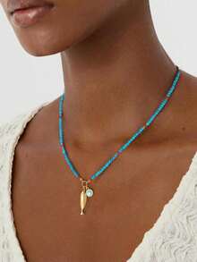 波西米亚风鱼形吊坠项链，珐琅邪眼吊坠，蓝色串珠颈链，金鱼项链，简约鱼形吊坠项链，女士首饰，圣诞礼物，女士项链 - 藍色串珠魚型琺瑯眼項鍊 - 查看 1