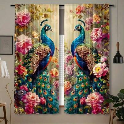 2pcs Vintage Peacock Floral Print Curtains - Rod Pocket Polyester Panels -Contemporary Bedroom Home Decor - Machine Washable ﻿