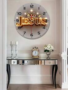 2D Plano, Relógio de Parede Silencioso de 10"/12" com Coroa Dourada e Design "Jesus" - Relógio Redondo de Madeira Sem Moldura, Operado a Pilha (Pilha AA Não Incluída) - Ideal para Sala de Estar, Quarto, Cozinha, Decoração Doméstica e de Escritório - Presente Religioso Estético, 2D Plano - Multicolorido - Visão 3