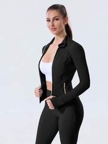 Women's Slim Fit High Stretch Activewear Jacket Zip Up Stand Collar Gold Zipper Thumb Hole Sports Top For Gym Workout And Daily Wear - 黑/金 - 查看 6