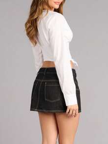 女士时尚白色V领蕾丝系带长袖短款上衣 - 白色 - 查看 2