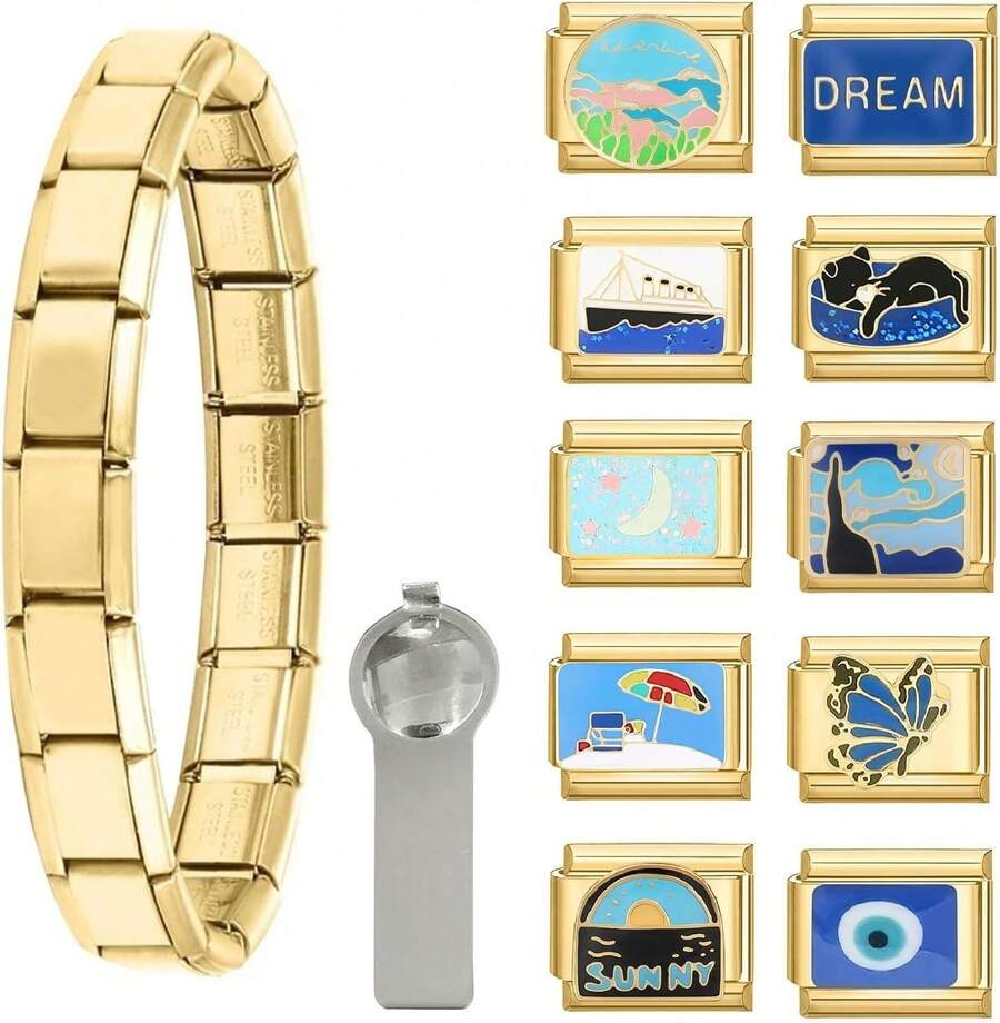 Papasgix Italian Charm Bracelet Charms Set Charm Brascelets 9mm Assorted Italian Charms Bracelet Jewelry Gifts(Gold Blue)A Valentine's Day F3L6 - 1 - 查看 1