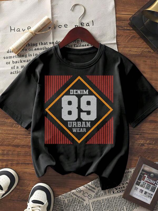 Men's Summer Short Sleeve T-Shirt Urban Streetwear Denim 89 Graphic Print Tee Casual Loose Fit Crew Neck Cotton Blend Top For Daily Wear Vacation Outfit