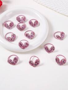 10pcs/Pack Girls' Shiny Sequin Heart Shaped Pink Ribbon Elastic Hair Ties, Cute & Versatile, Suitable For Daily Use - Pink - View 5