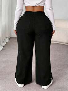High Waist Slant Pocket Flared Leg Pants, Contrast Color Velvet Button Pockets, Suitable For School And Office - Black - View 3