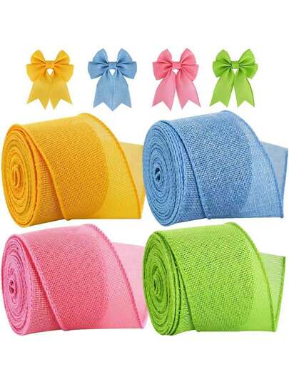 1 Roll 5M Easter Linen Ribbon, Colors Include Yellow, Pink, Blue And Green, Faux Linen Material Ribbon, Suitable For Easter Home Decor, Wreaths, Gift Wrapping, Christmas Tree Toppers, Crafts, Home Decor, Office Decor, Theme Party Decor, Easter Decoration
