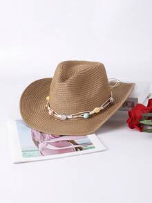 1pc Solid Color Bohemian Casual Straw Gem Cowboy Hat, Beach Vacation Sun Protection Straw Hat, Unisex Versatile For Commuting, All Seasons - C - View 20