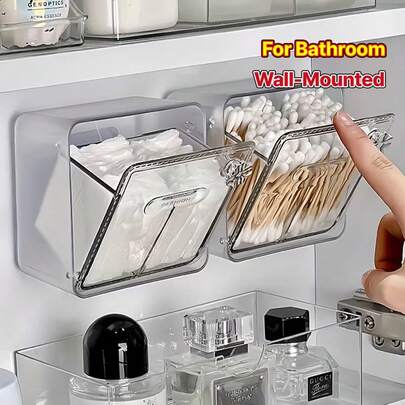 1pc Cotton Swab Storage Box, Wall-Mounted Cotton Swab Organizer Box, Suitable For Bathroom, Vanity, Dresser, Multipurpose Storage Rack, Essential Bathroom Accessory, Makeup Remover Pad Pad Storage Box, Desktop Cotton Swab Storage Container