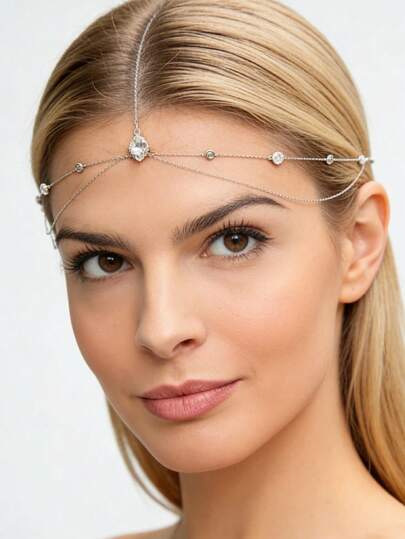 1pc Silver Bohemian Multi-Layer Chain Rhinestone Headpiece, Teardrop Forehead Chain Hair Accessory For Women, Bridal