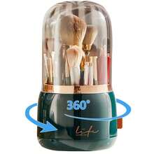 360 Rotating Makeup Brush Holder With Lid - Dustproof Organizer For Vanity, Travel & Bathroom Countertop - Dark Green - View 2