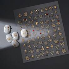Gold Nail Art Stickers Decals 5D Embossed Nail Stickers Gold Star Heart Nails Decals Charms Se--Adhesive With Bow Moon Design Manicure Decoration For Women Acrylic Nail Supplies - 風格11 - 查看 2