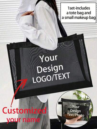 1 pieza Bolsa de malla personalizable, diseño propio (nombre, logotipo, texto), bolsa de gran capacidad plegable, ligera y de moda, bolsa de compras casual personalizada, regalo clásico para principiantes, personalizada para boda, cumpleaños, vacaciones en la playa, para uso personal o regalo a amigos, mamá, maestro, bolsa de mano de gran capacidad para damas, con letras portátil