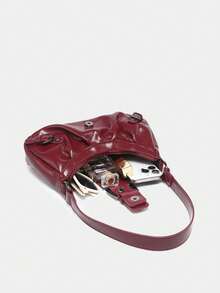 Y2K Vintage Soft Distressed Leather Motorcycle Bag With Rivet, Buckle, Pleated Cloud Decor, Shoulder/Underarm Bag, Suitable For Work, Commute, Date, Party, Valentine's Day, Valentines, Valentines Day, Bag Charm, Purse Charm, Bag Charms, Beach Accesories For Women, Beach, Beach Bag, Vacation Essentials, Airplane Travel Essentials, Cruise Essentials, Valentines Gift, Valentine's Day Gift [US-Based Shipping]. - 紅色 - 查看 7