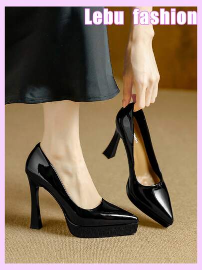 Qiluyuan Women's Fashion Shoes, New Spring/Autumn French Style Solid Color Thick Sole Sexy Pointed Toe Super High Heel Thin Heel Patent Leather Commuting Office Work Shoes, Slip-On Casual Dating High Heels