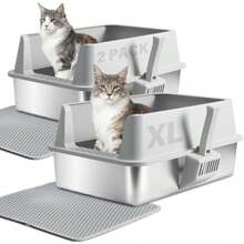 Caja de Arena para Gatos de Acero Inoxidable con Tapa: tamaño XL y Lados Altos para Gatos Grandes. Cuenta con Superficie Antiadherente para una fácil Limpieza. Incluye Alfombrilla de Arena y Cuchara - plateado - Ver 1