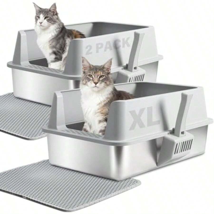 Caja de Arena para Gatos de Acero Inoxidable con Tapa: tamaño XL y Lados Altos para Gatos Grandes. Cuenta con Superficie Antiadherente para una fácil Limpieza. Incluye Alfombrilla de Arena y Cuchara - plateado - Ver 1