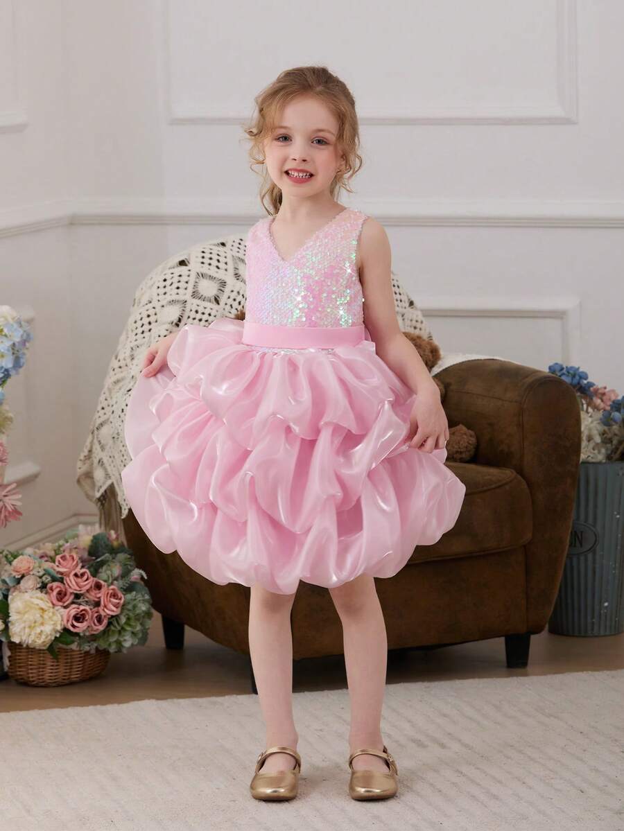 Young Girl Pink Sequin Black Mesh Valentine's Day Party Dress, Elegant Princess Dress Suitable For Girls Birthday Party, Flower Girl Wedding, Prom, Easter, Graduation - Pink - View 1