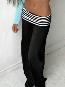 Fold Over Yoga Pants For Women Y2K Striped Low Rise Wide Leg Leggings Sweatpants Cozy Stretchy Foldover Lounge Pants Going Out Clothes - 黑色 - 查看 2